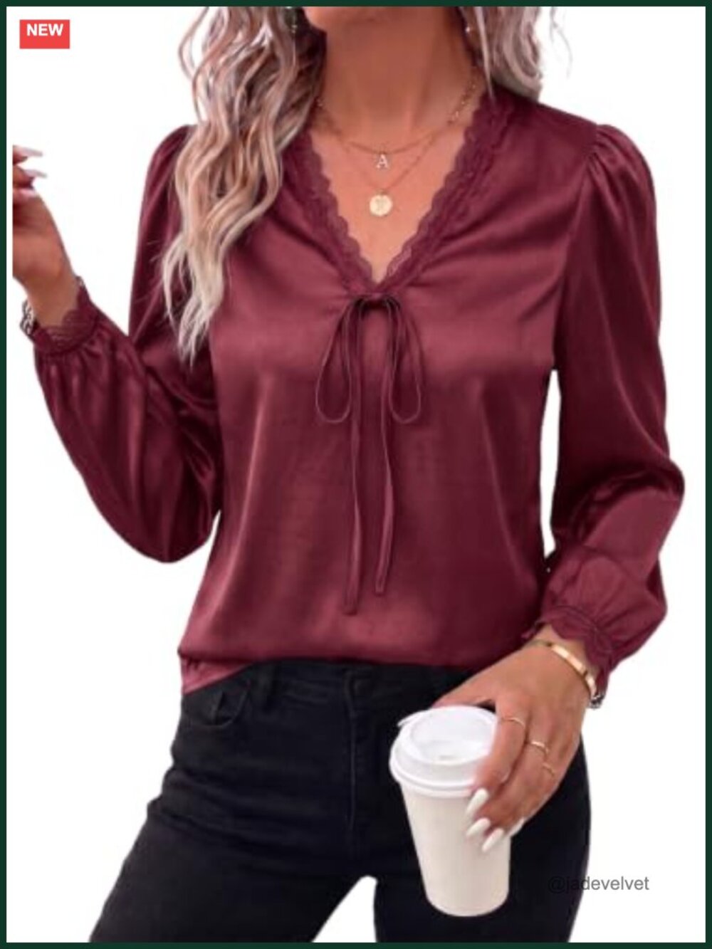 Lace Trim V-Neck Long Sleeve Blouse Dressy Casual Women Top